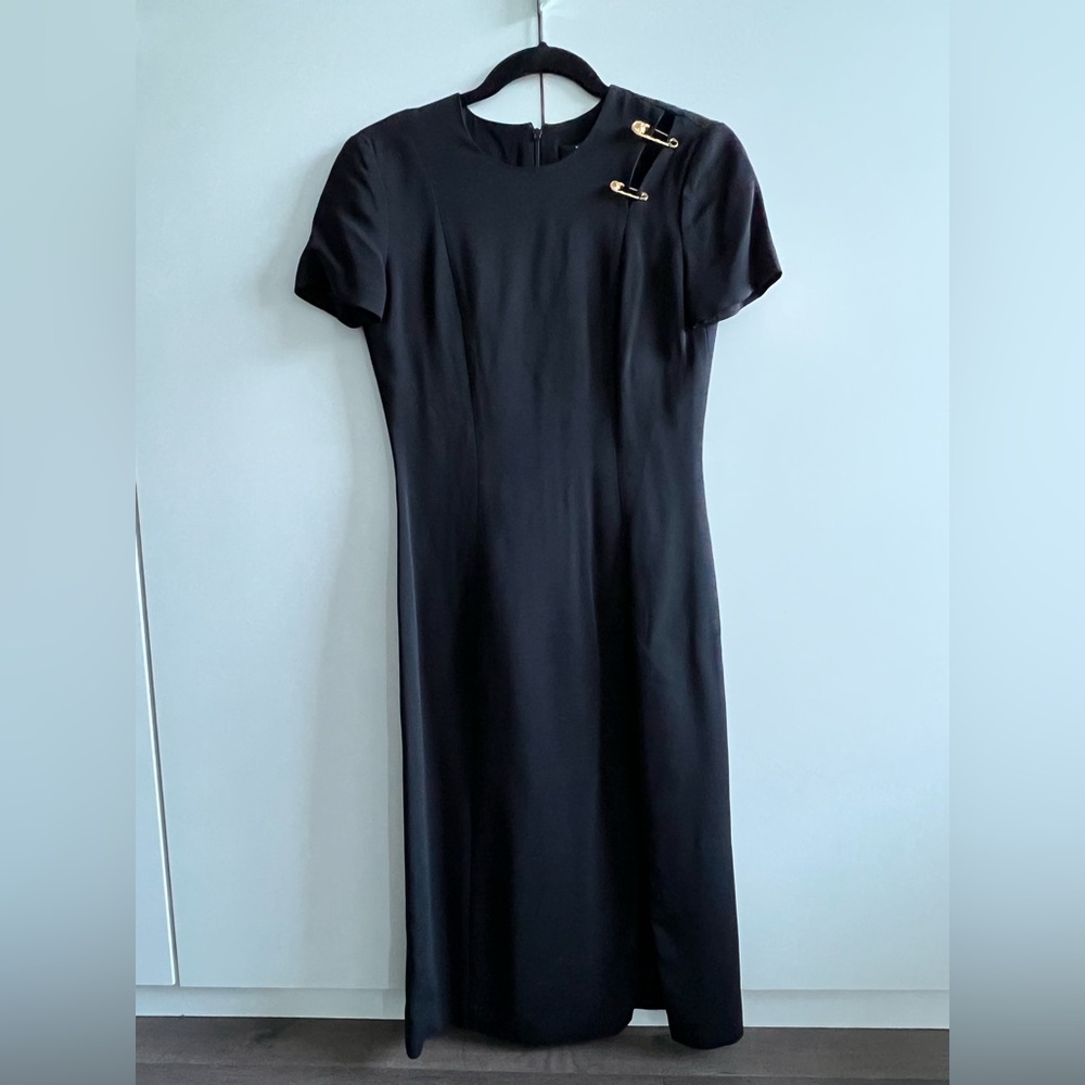 Authentic - NWT Versace black woven dress with iconic gold safety pins